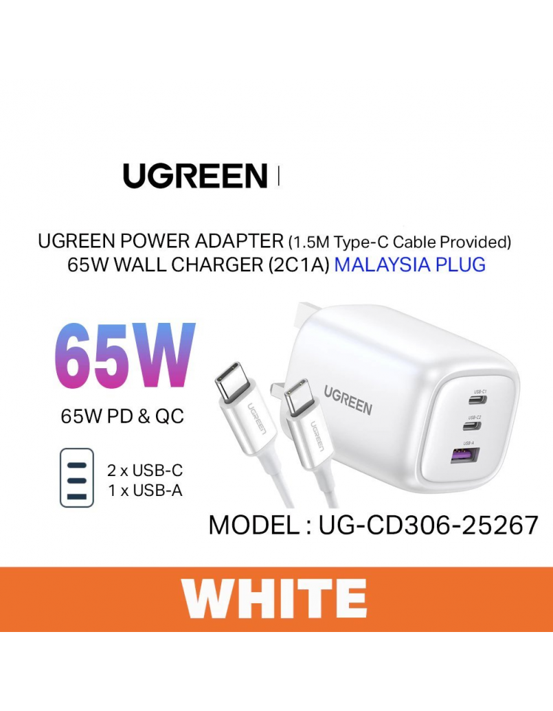 UGREEN CD306 65W NEXODE 3-PORT PD GAN FAST CHARGER